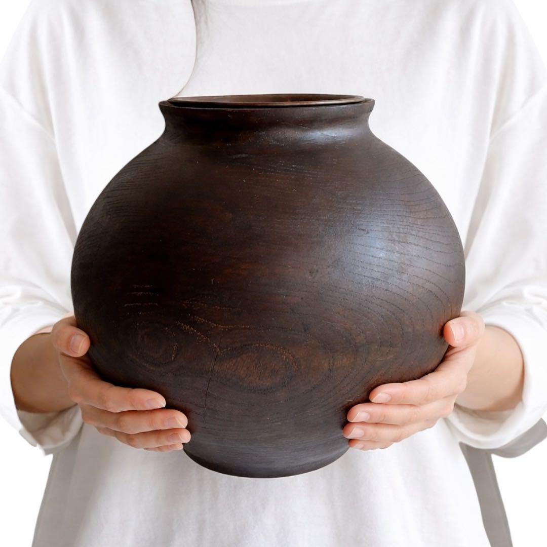【民藝】古木 くり抜き 大壺 花器｜直径35cm｜銅筒入　水使用可｜プリミティブ