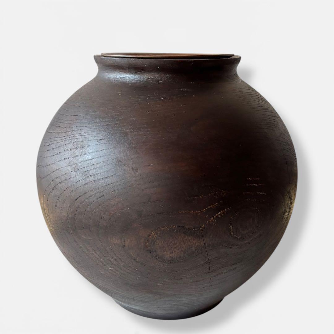 【民藝】古木 くり抜き 大壺 花器｜直径35cm｜銅筒入　水使用可｜プリミティブ