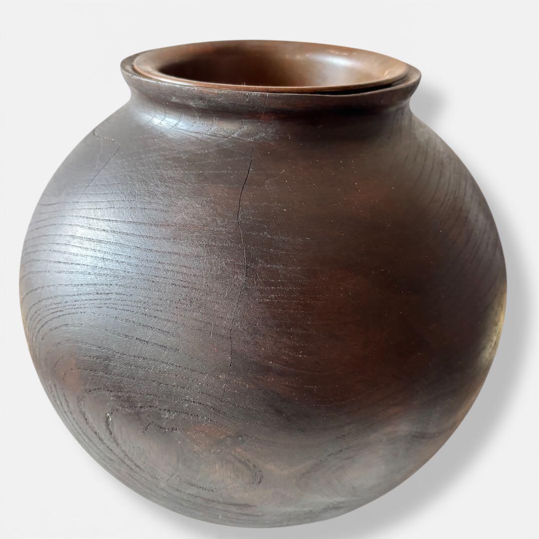 【民藝】古木 くり抜き 大壺 花器｜直径35cm｜銅筒入　水使用可｜プリミティブ