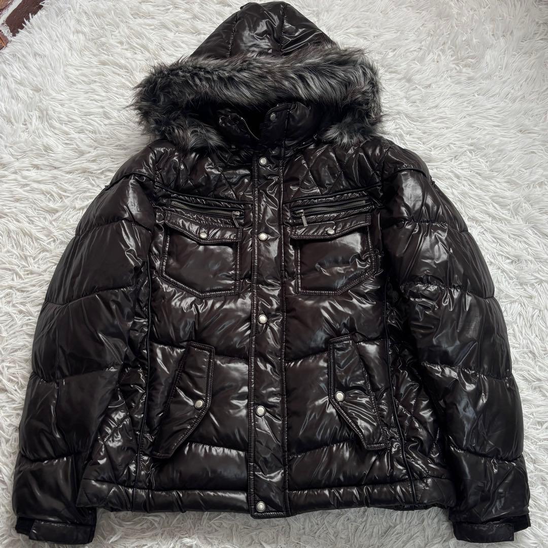 00's y2k ダウンジャケット　光沢 中綿ジャケット ファー　L　平成