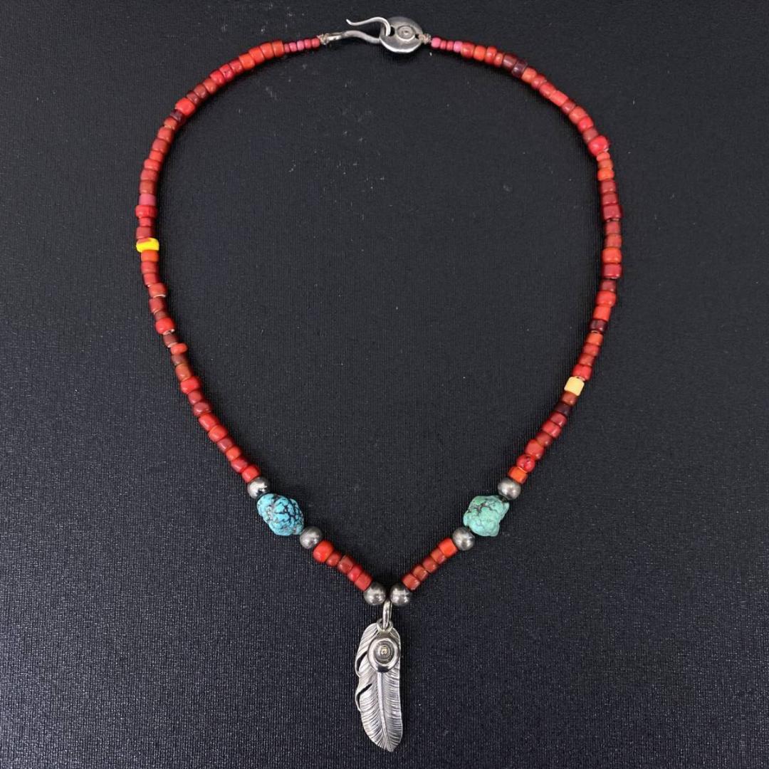 あるじゃん K18 シルバー フェザーペンダント ターコイズ ビーズ ネックレス