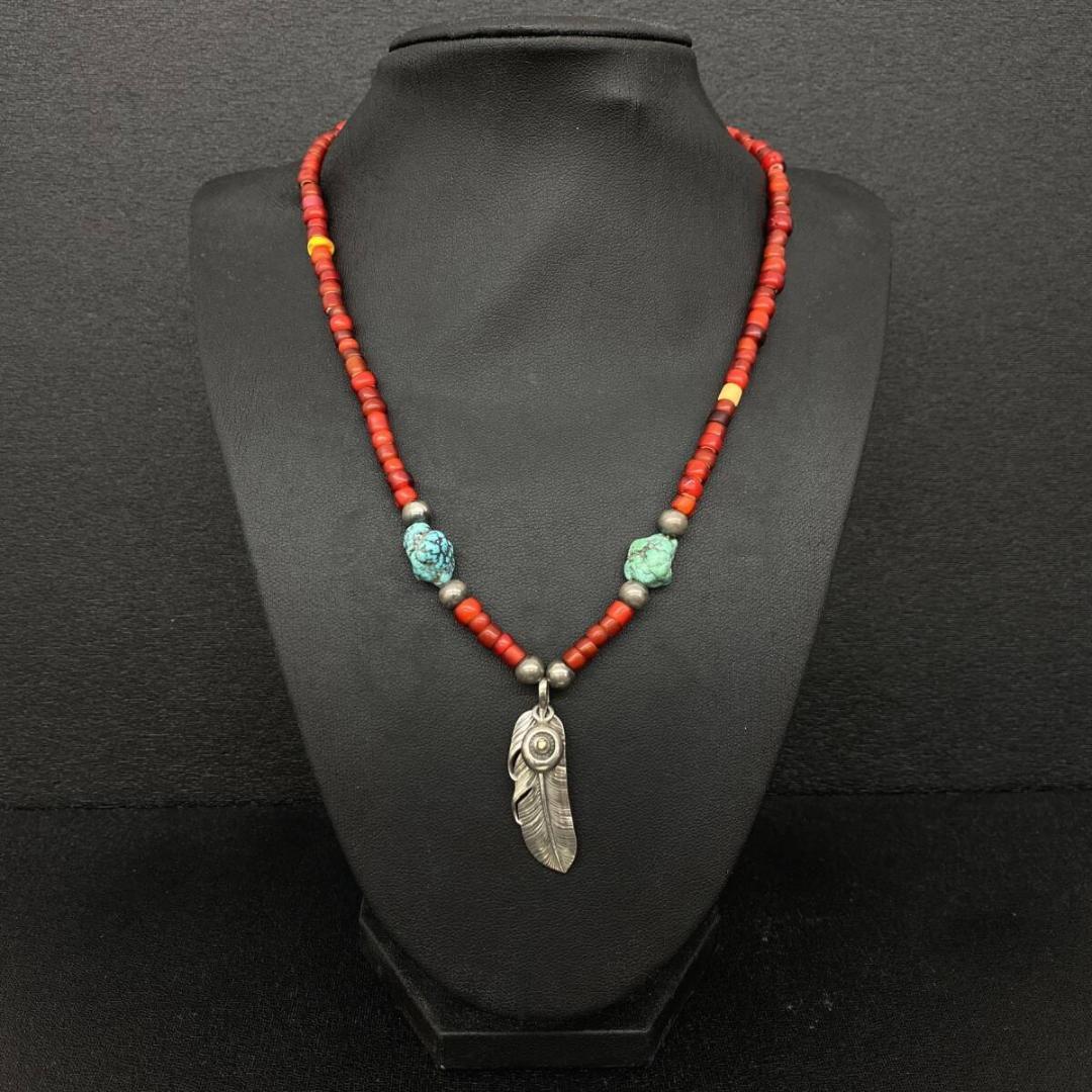 あるじゃん K18 シルバー フェザーペンダント ターコイズ ビーズ ネックレス