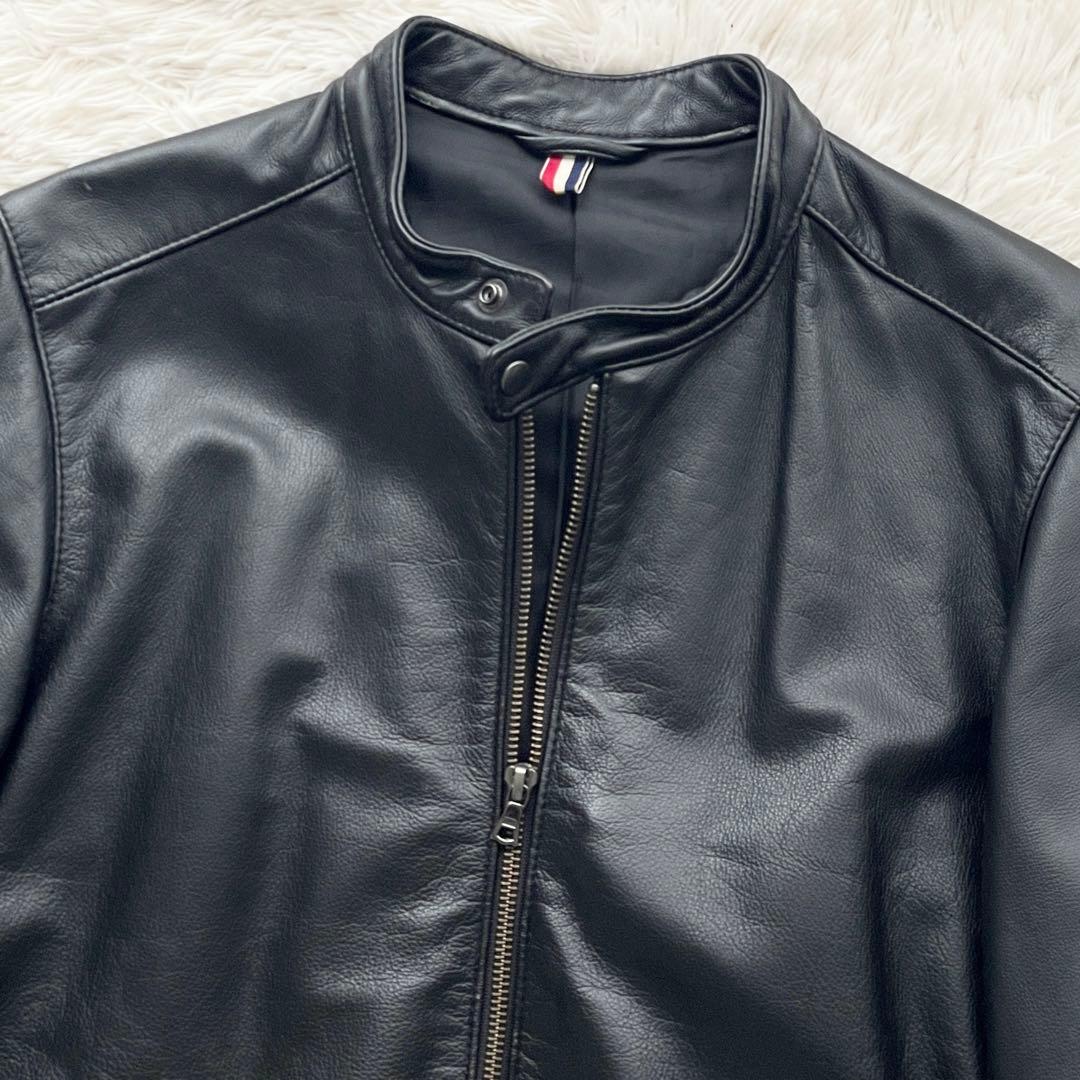 美品 BEAMS 本革 シングルライダース シボ加工 レザータグ ダブルジップ