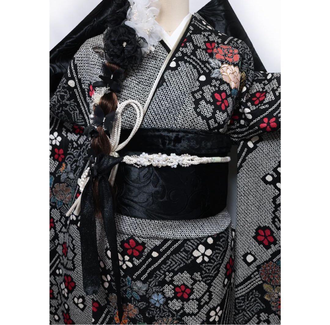 良好■振袖7点セット帯新品帯締め帯揚げフルセットトールサイズ白系黒成人式IB35