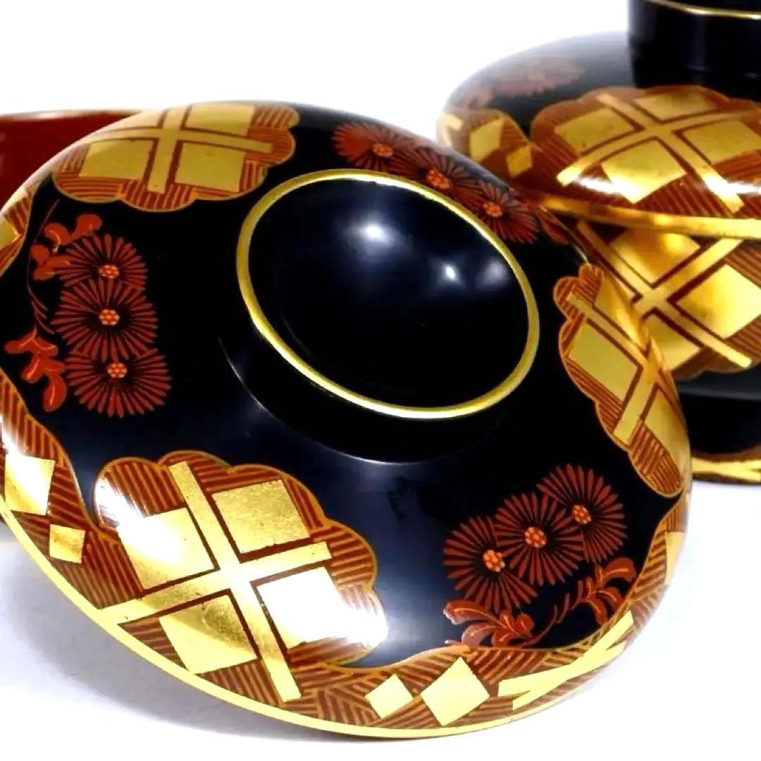 南部漆器 老舗光原社 秀衡塗 木製 金箔色漆　菱に梅文様　蓋碗十客　茶道具