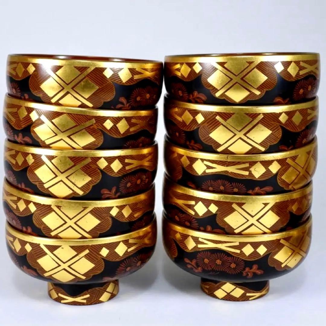 南部漆器 老舗光原社 秀衡塗 木製 金箔色漆　菱に梅文様　蓋碗十客　茶道具