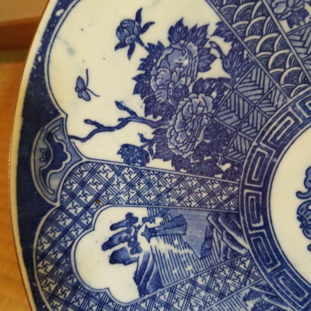 絵皿　牡丹　庭風景　骨董品　年代物　変型　29cm