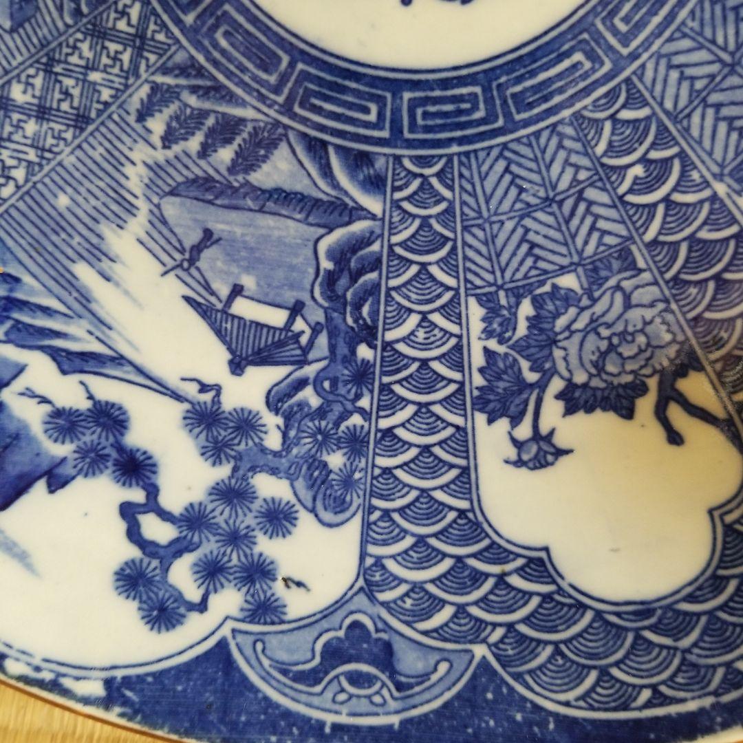 絵皿　牡丹　庭風景　骨董品　年代物　変型　29cm