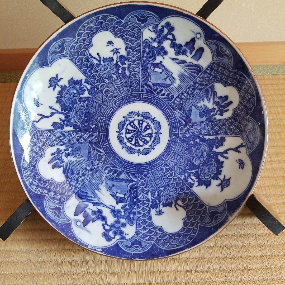 絵皿　牡丹　庭風景　骨董品　年代物　変型　29cm
