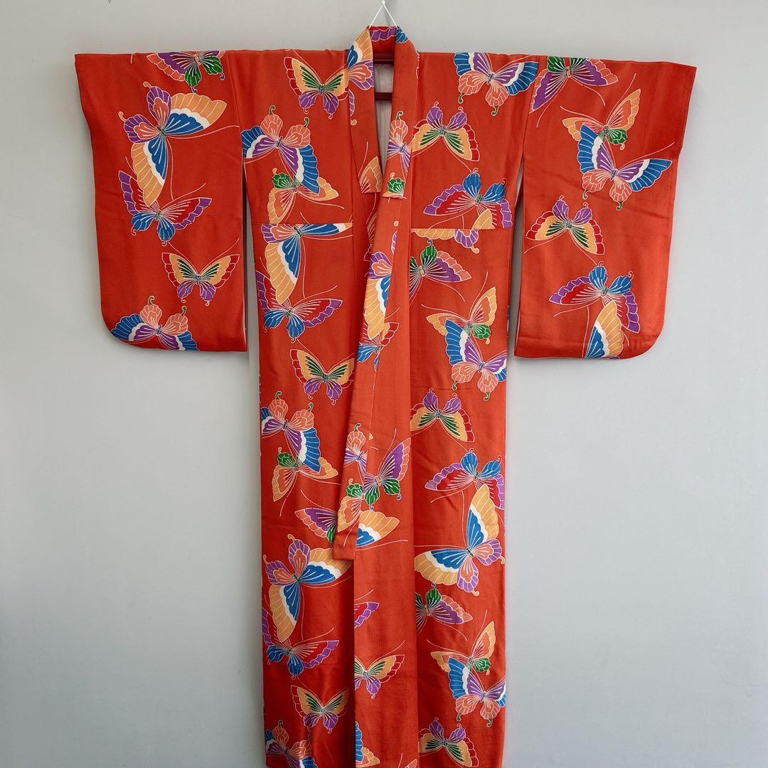 セット七五三7歳女の子長着＆簡単半衿＆袋帯＆草履＆バッグ＆小物オレンジ地蝶ちりめ