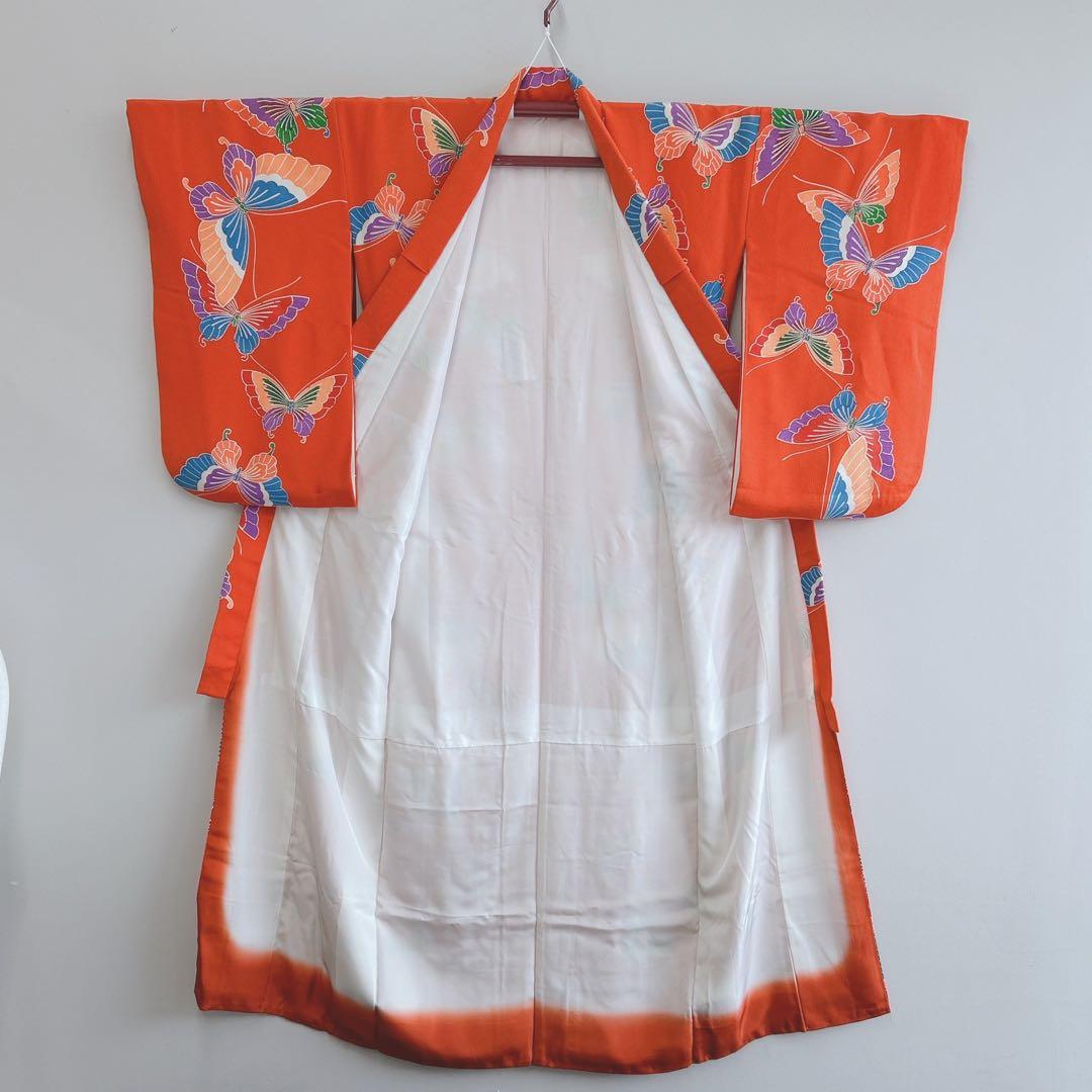 セット七五三7歳女の子長着＆簡単半衿＆袋帯＆草履＆バッグ＆小物オレンジ地蝶ちりめ