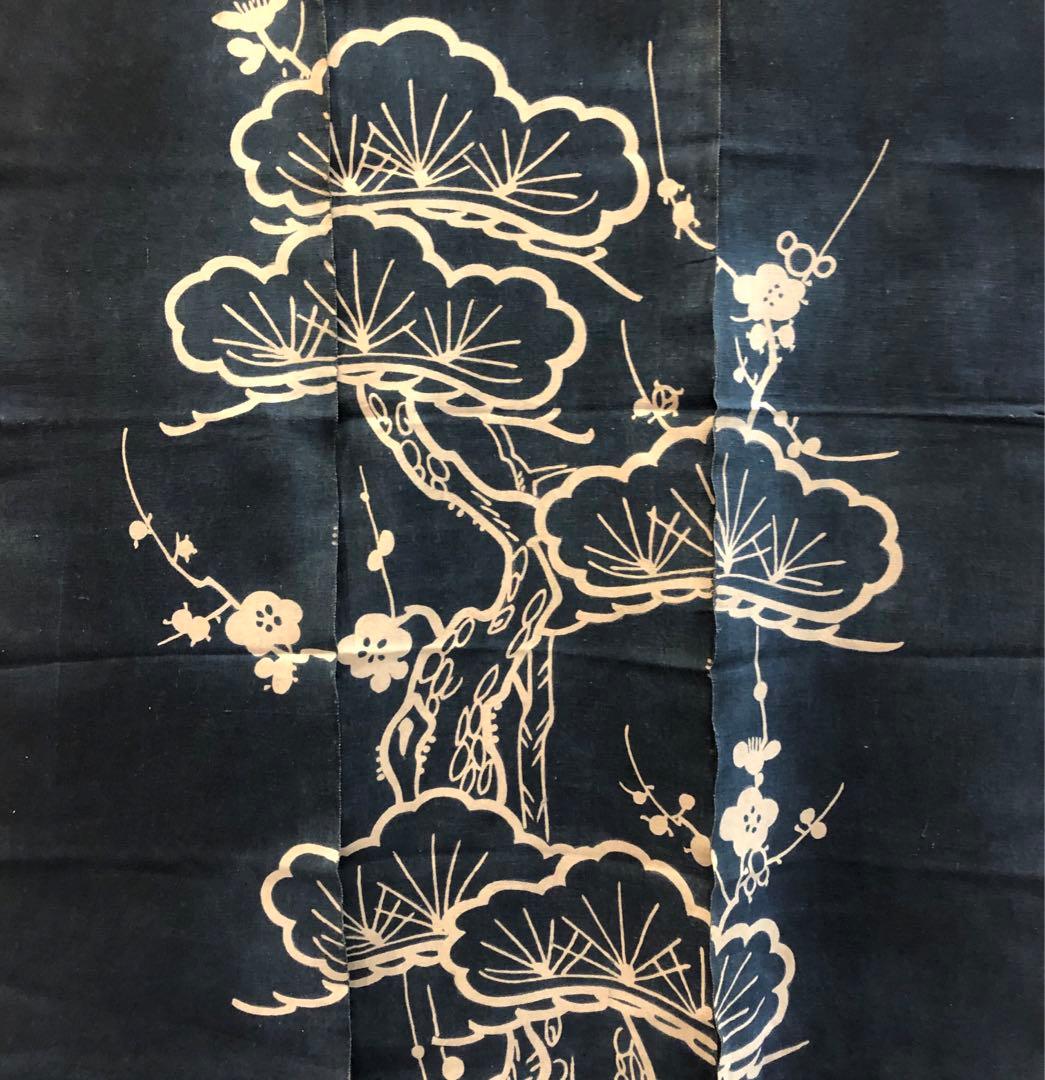 藍染筒描き三巾加賀のれん時代物木綿古布　ソ-360