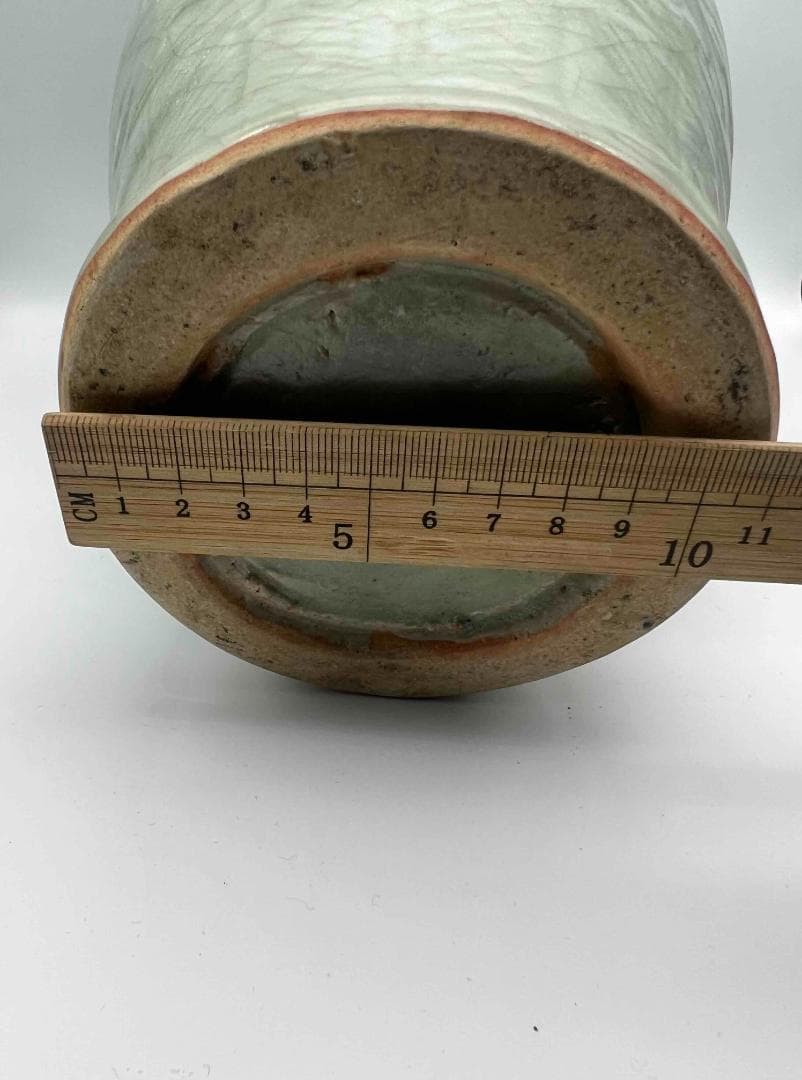 宋時代　龍泉窯　梅子青 青磁 刻牡丹花文大梅瓶 花入　花瓶　茶道具(B-20)