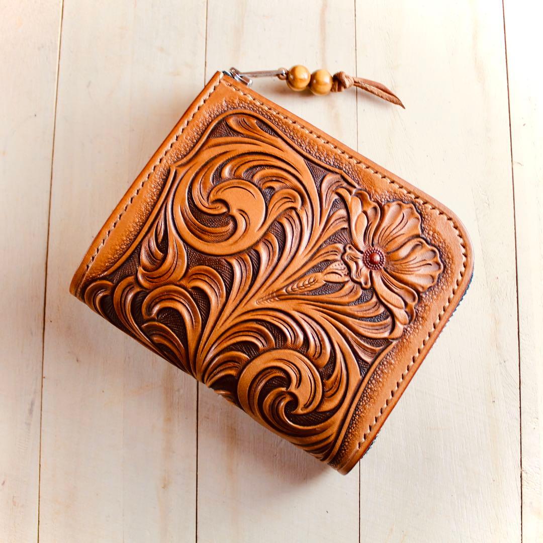 L字ファスナーウォレット 【カービング /ナチュラル染色】