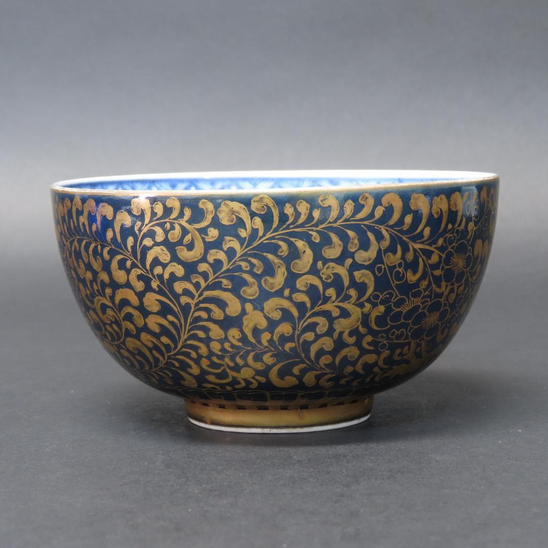 ⭕346 無傷 古伊万里 上手瑠璃色絵金襴 小鉢２客 梅花に唐草文 江戸期/中国