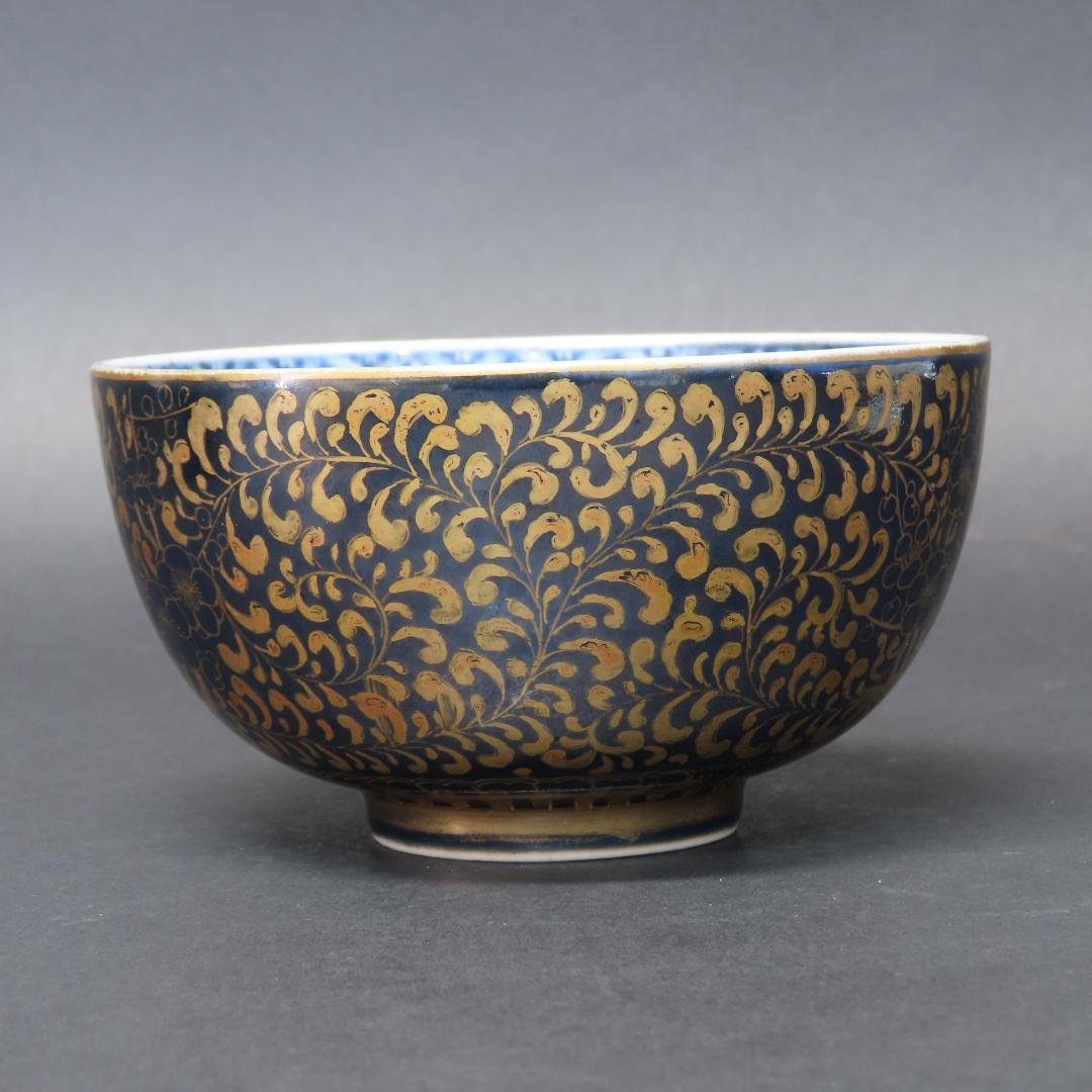 ⭕346 無傷 古伊万里 上手瑠璃色絵金襴 小鉢２客 梅花に唐草文 江戸期/中国