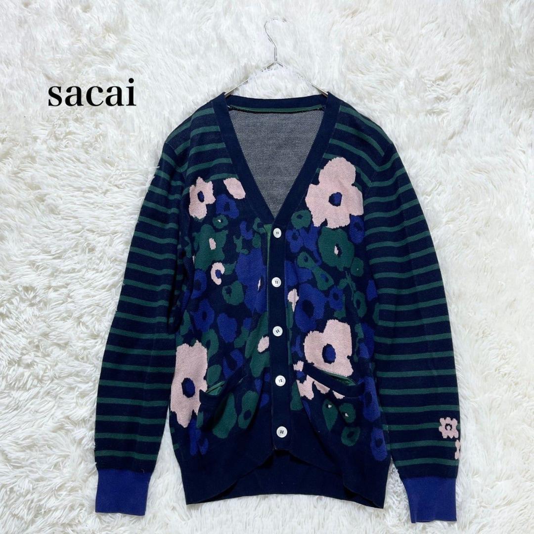 サカイ カーディガン コットン100% Ｍサイズ 花柄 ボーダー