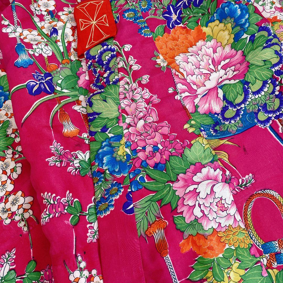 七五三 3歳 正絹 アンティーク 着物 被布 バッグ 草履 髪飾り マゼンタ