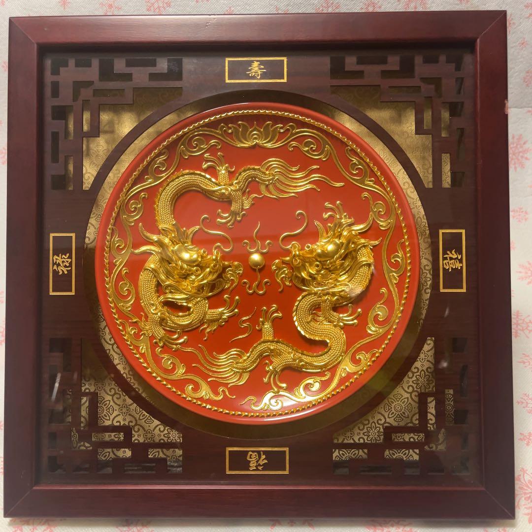 置物　二竜戱珠　金色　黄金　稀少品　黄金成色検测証書付