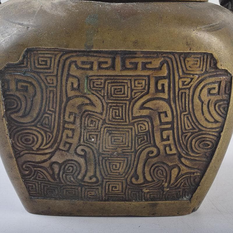 中国　古銅　饕餮文　持ち手付　墨壷　透かし蓋香炉　V　R8871