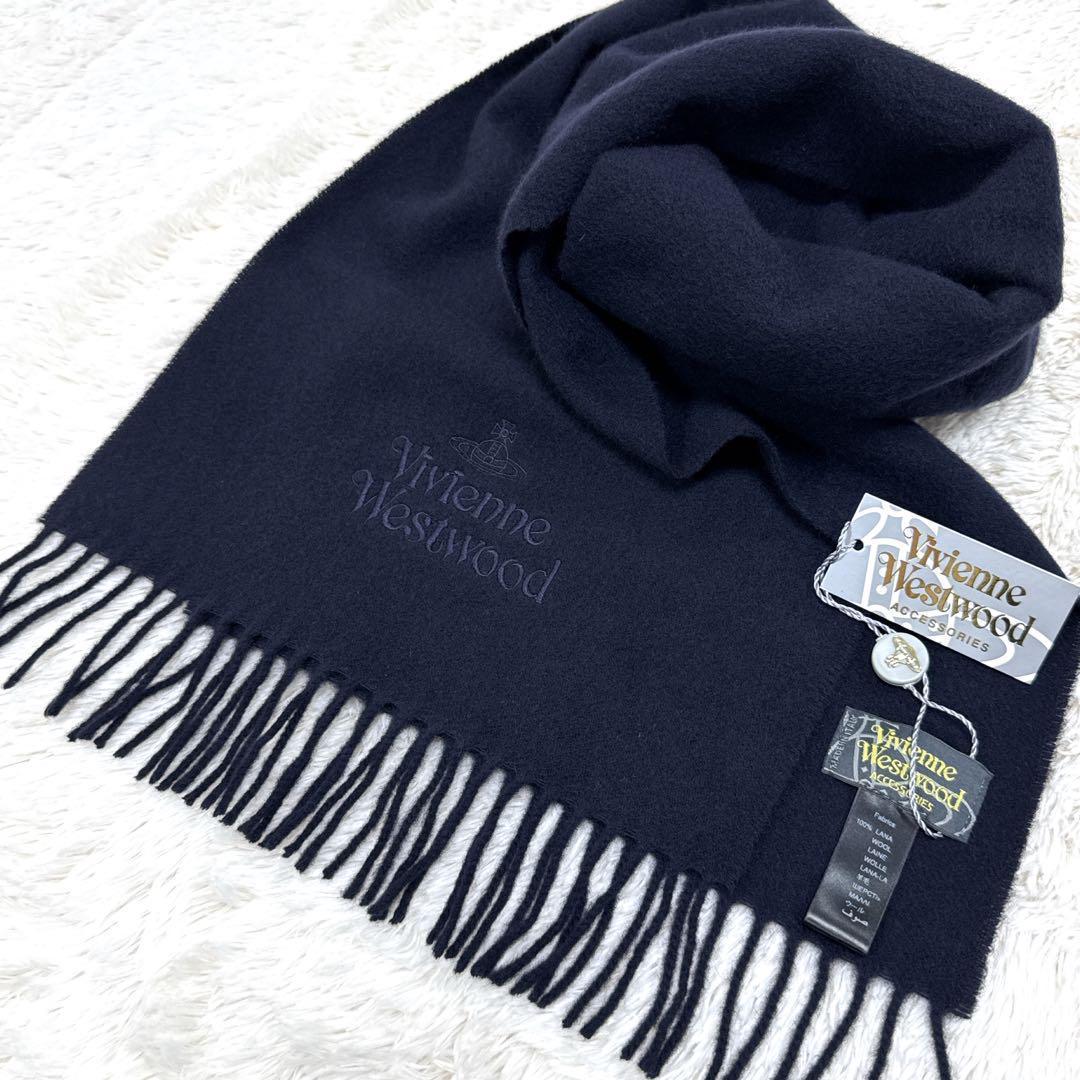✨新品✨ ヴィヴィアン　ロゴ刺繍　極上手触り 100%ウール マフラー ネイビー