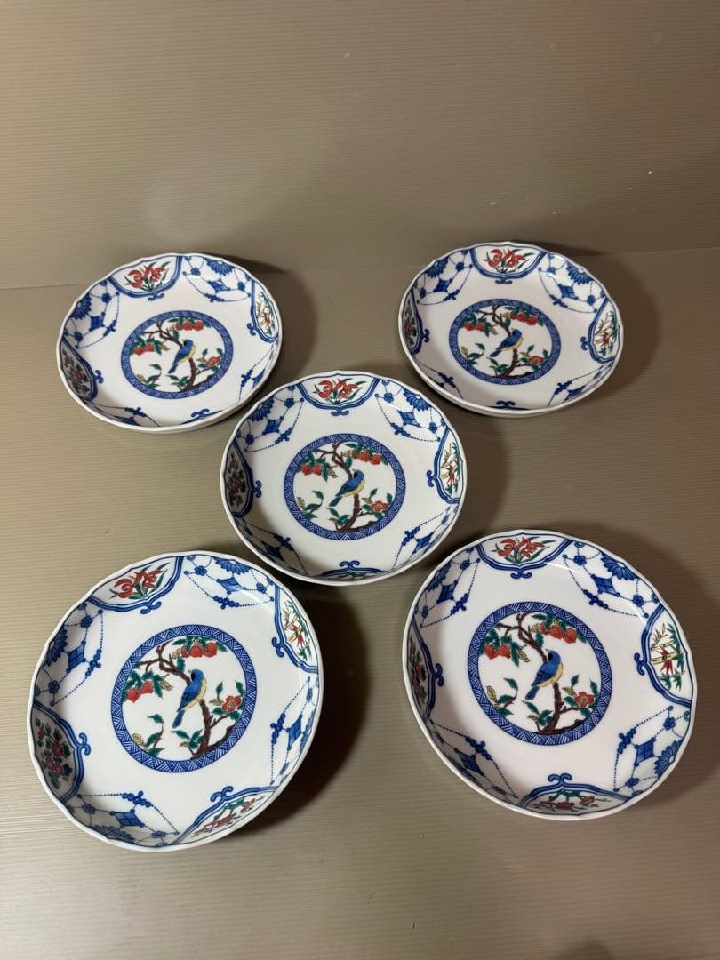 2814 九谷焼　花鳥文　中皿　5客　19cm 未使用