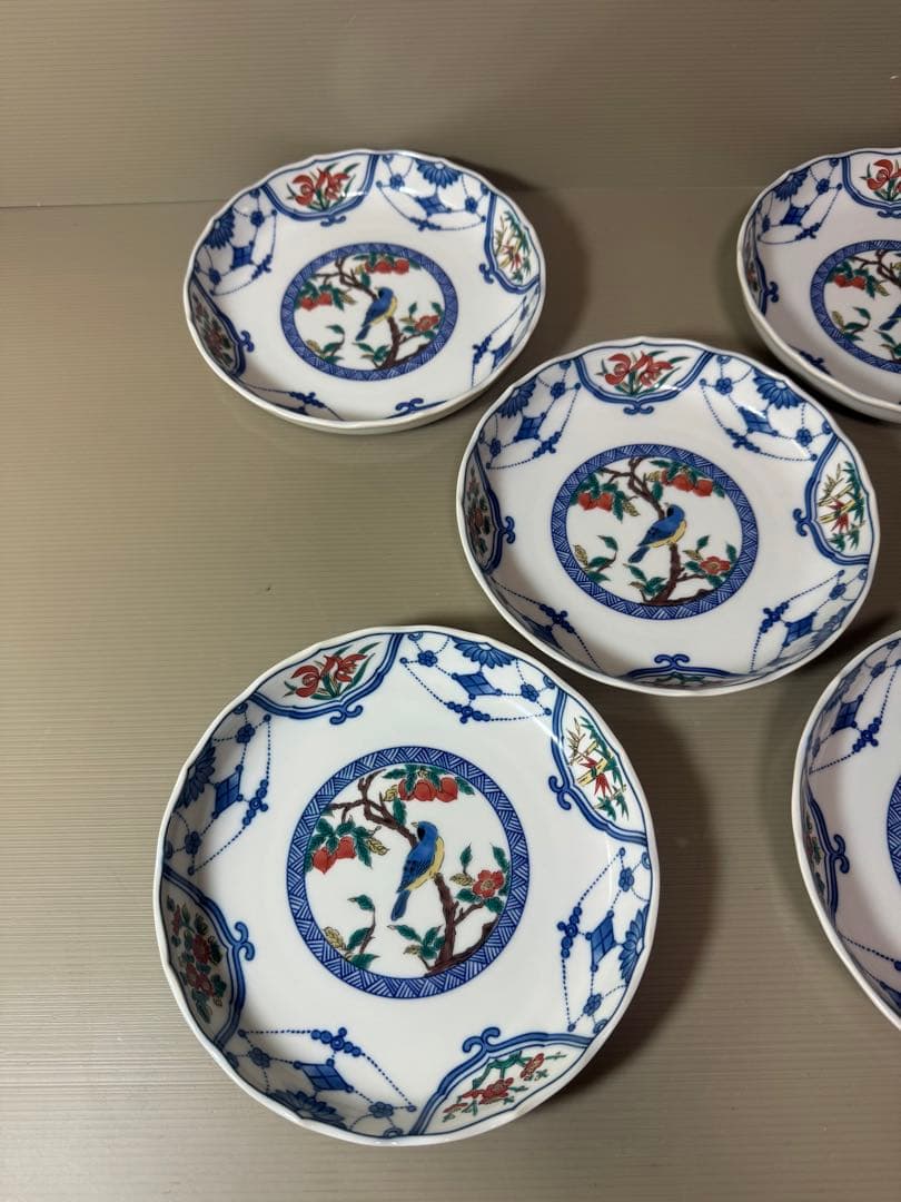 2814 九谷焼　花鳥文　中皿　5客　19cm 未使用