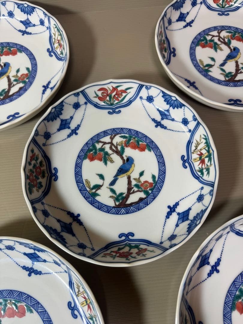 2814 九谷焼　花鳥文　中皿　5客　19cm 未使用