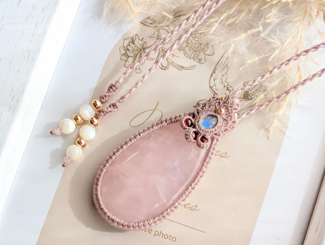 マクラメネックレス ローズクォーツ ラブラドライト ガーネット