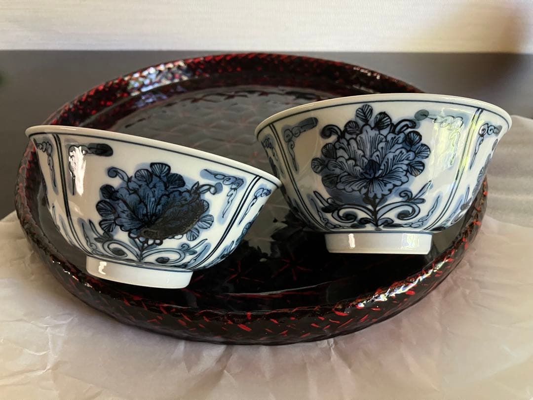 九谷焼　妙泉陶房　長左窯　山本長左 氏　染付　夫婦飯碗　ペアお碗　ご飯茶碗　２客