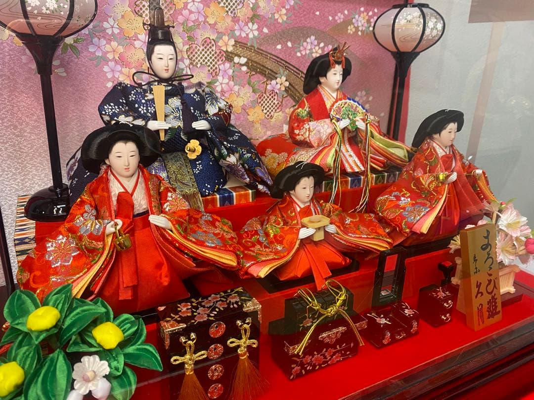 東京久月　雛人形親王五人飾りガラスケース入・間口約５６×奥行約３３×高さ約４２㎝