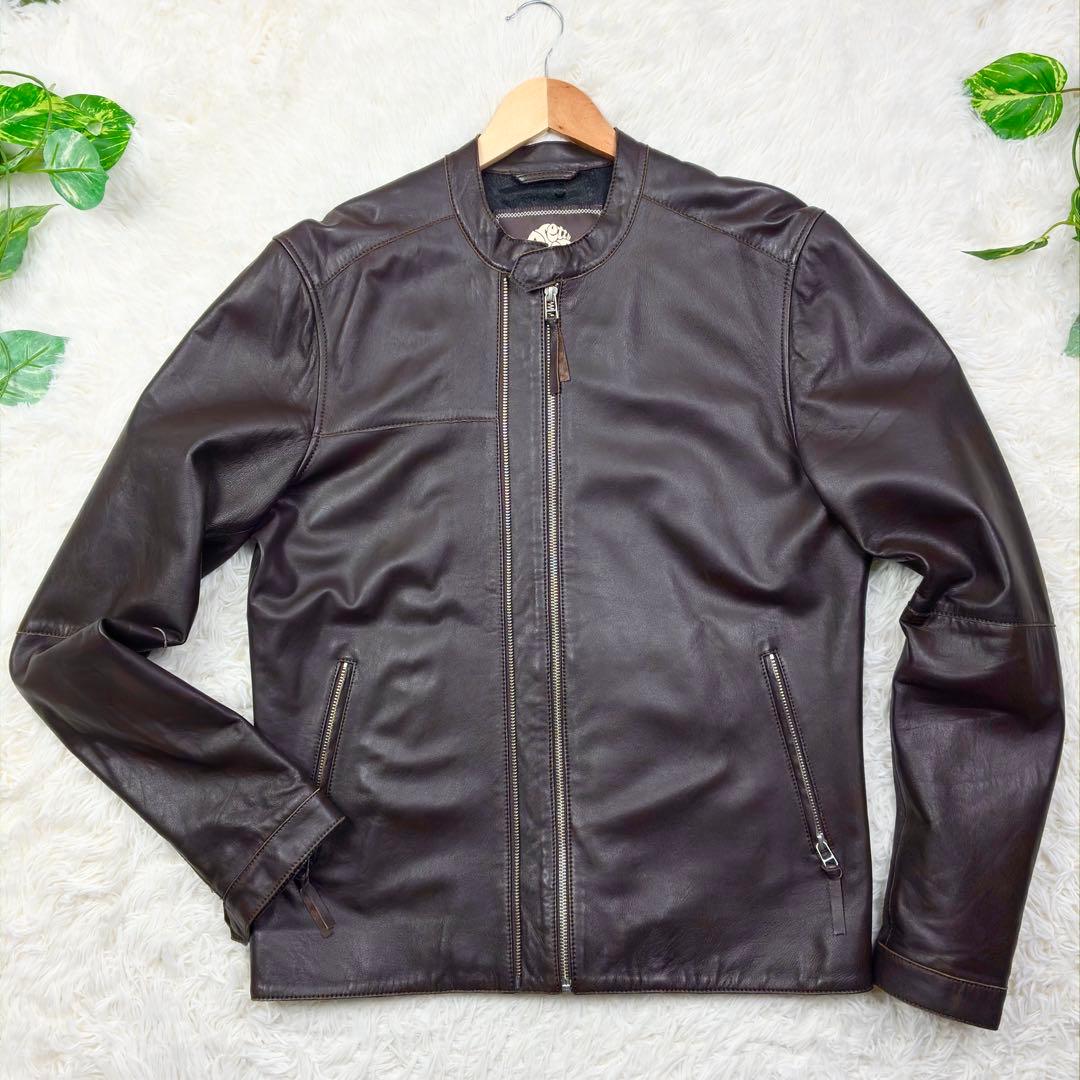 美品　プリティーグリーン　オールレザー　シングルライダース　XL　ブラウン