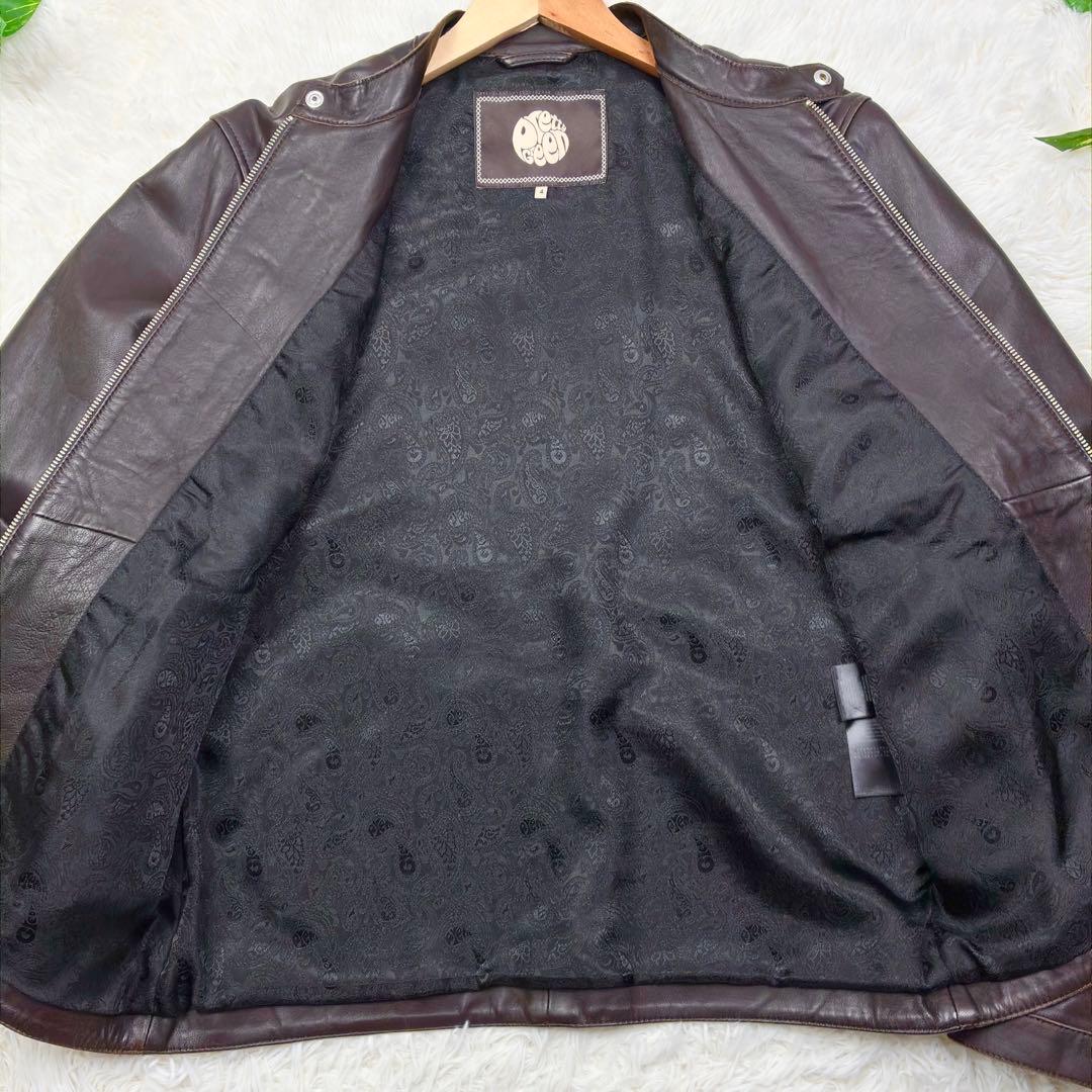 美品　プリティーグリーン　オールレザー　シングルライダース　XL　ブラウン