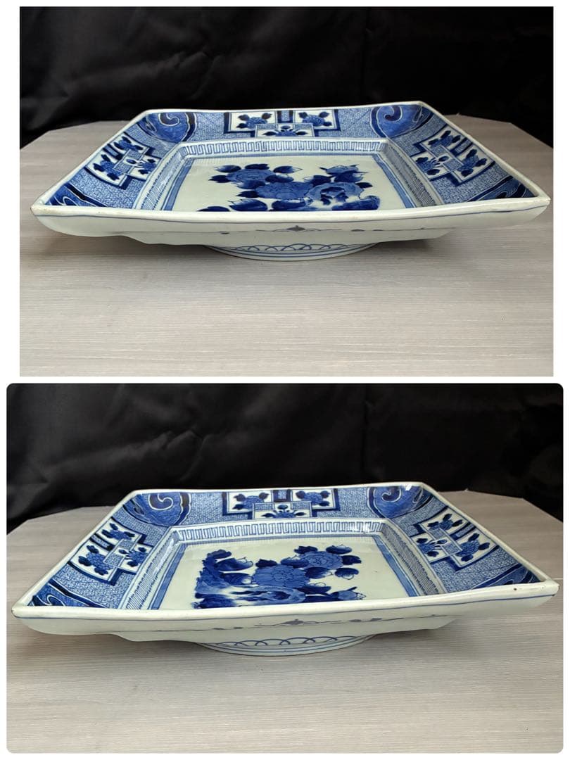 時代物 染付 牡丹文 角大皿 飾り皿 盛皿 骨董