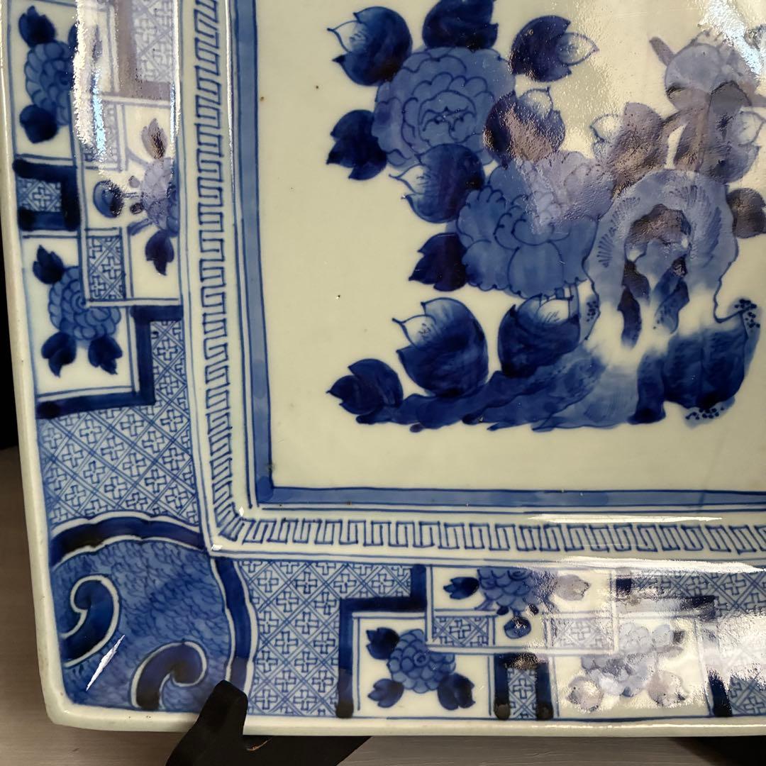 時代物 染付 牡丹文 角大皿 飾り皿 盛皿 骨董