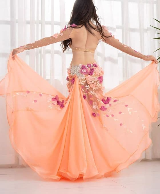 美品 ベリーダンス衣装 ブラスカートセット オレンジ系 花 撮影用