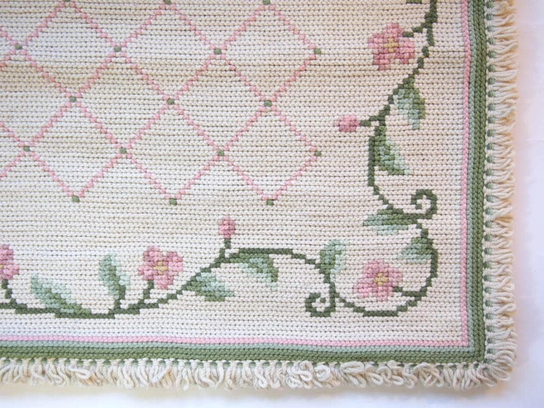 希少★アライオロス絨毯ポルトガル伝統工芸品認証Arraiolos花白ピンクウール