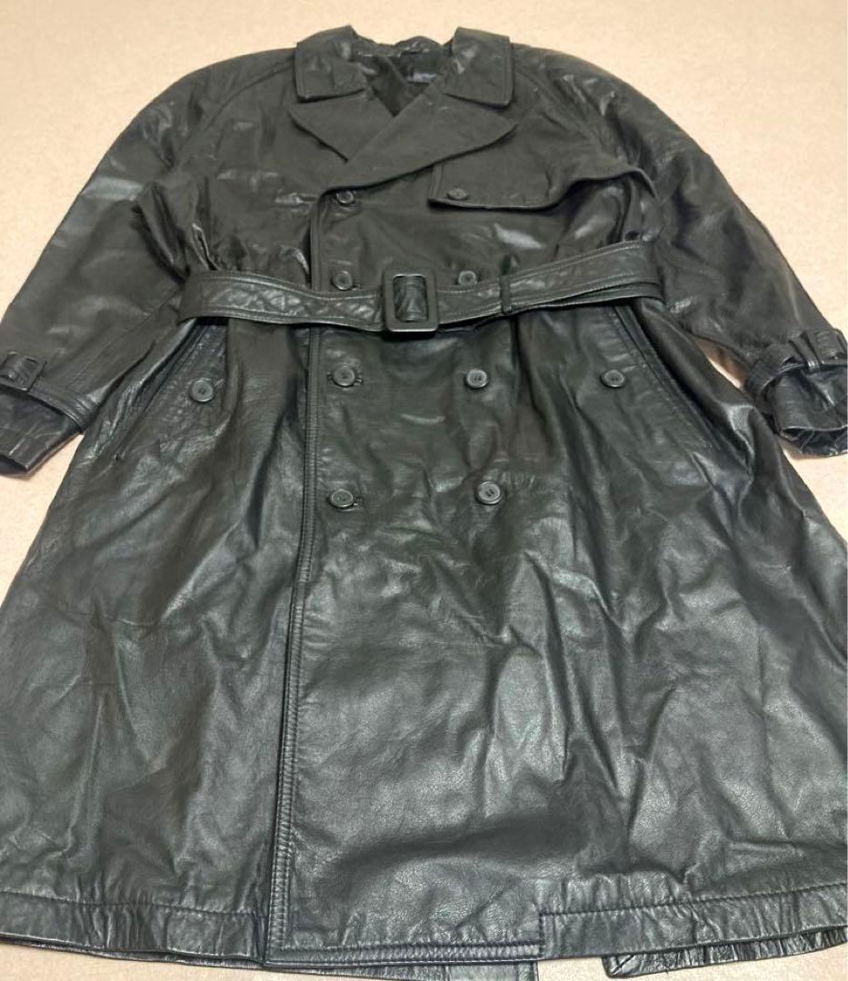 美品 y2k archive カウレザー トレンチコート 牛革 ベルト 光沢 黒