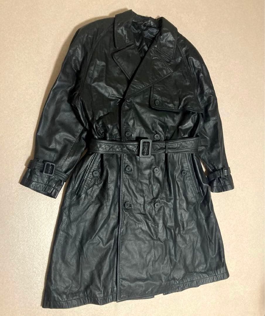美品 y2k archive カウレザー トレンチコート 牛革 ベルト 光沢 黒