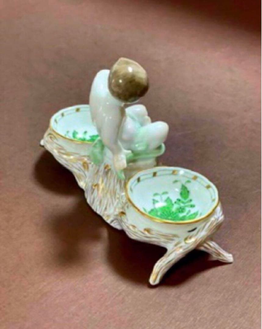 HEREND ヘレンドアポニーグリーンエンジェルセラーソルト＆ペッパー天使皿レア