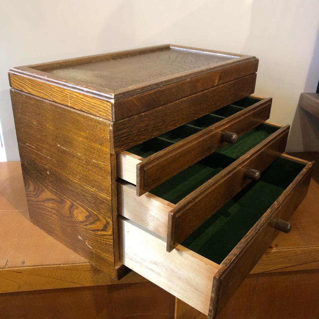 昭和レトロ　木製ジュエリーボックス　3段　鏡付きアクセサリー入れ　小物入れ　木