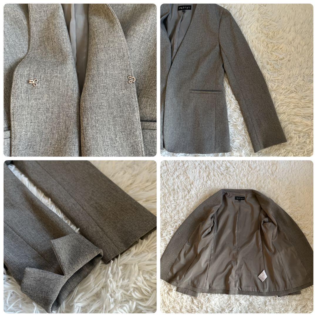 【インディヴィ】セットアップ ウールライク ノーカラージャケット パンツ S/M