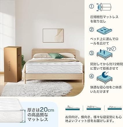 極厚 20cm 高反発 ポケットコイルマットレス シングル ホワイト 180N