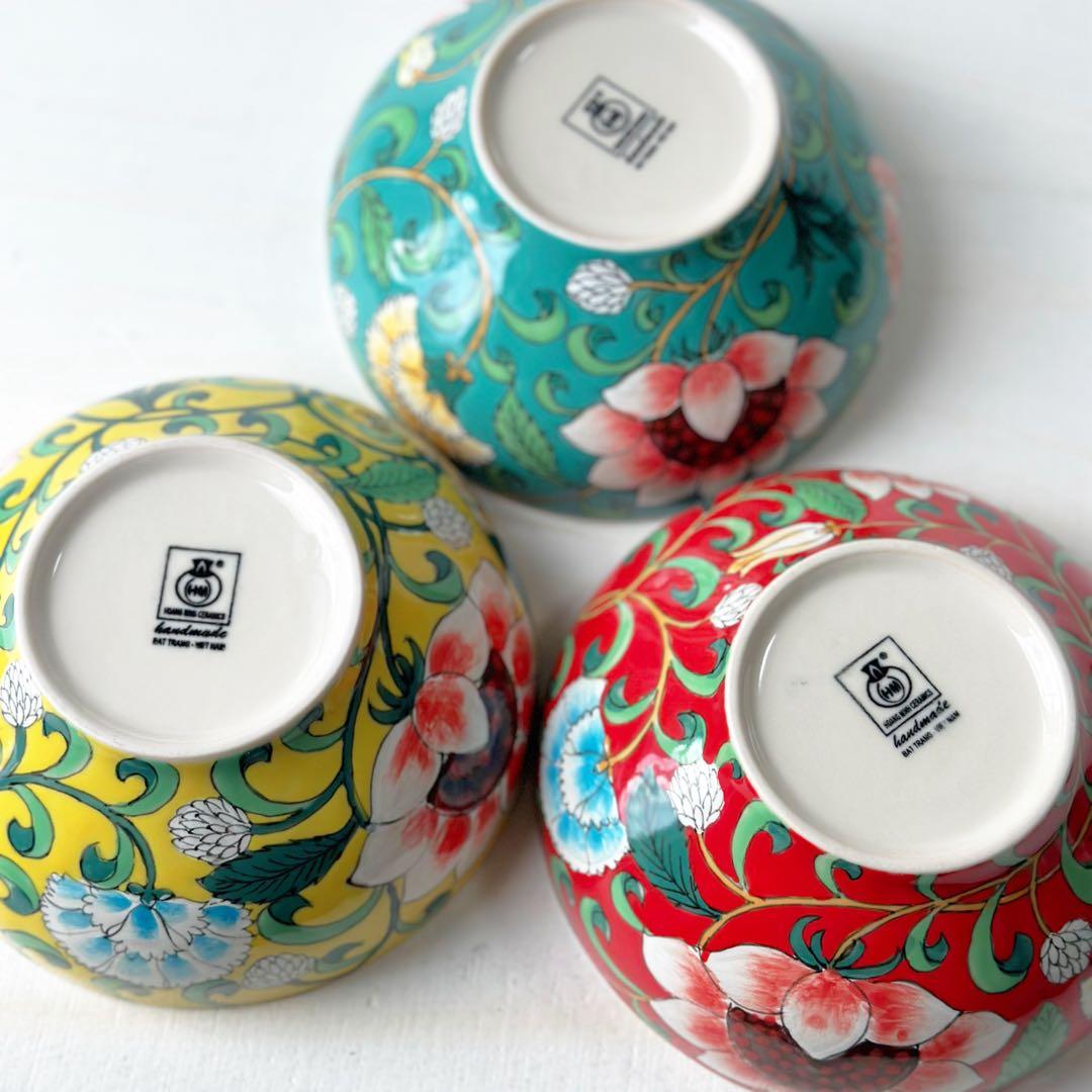 新品 ベトナム バッチャン焼き 蓮柄 丼ボウル3枚