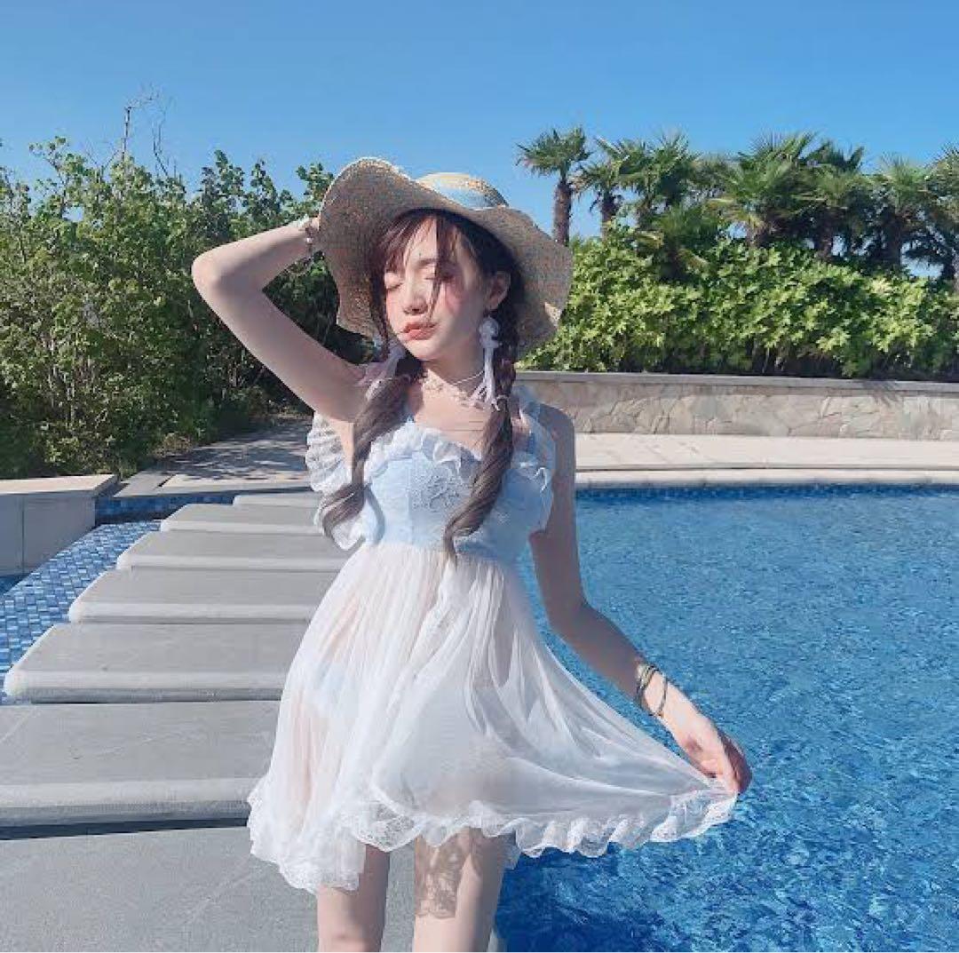 フリル付ブルー/ホワイトワンピース水着/チュール刺繍レースビキニ/Bobon21