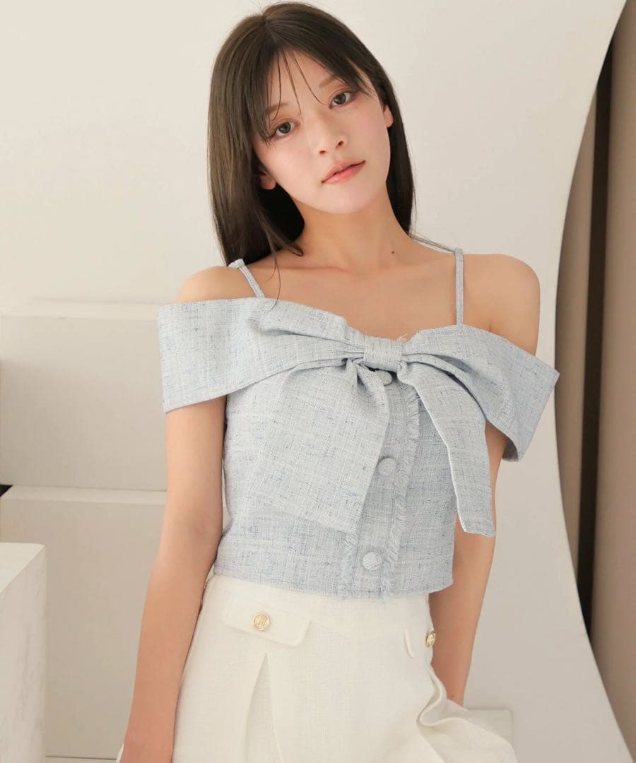 新品未使用LIP SERVISEツイードリボンオフショルトップス ブルー