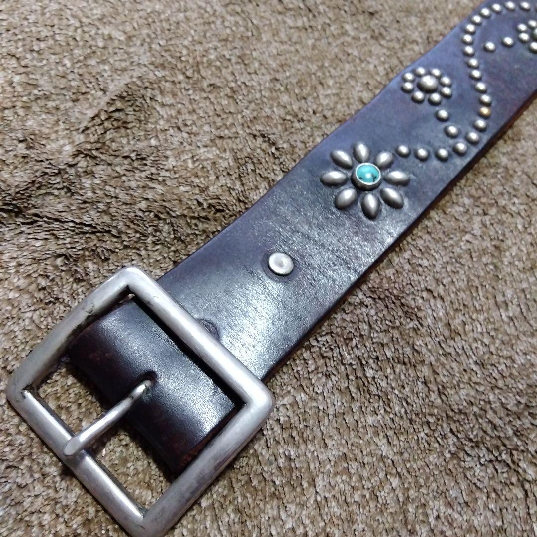 32inch HTC ターコイズ フラワー レザー スタッズベルト ブラウン