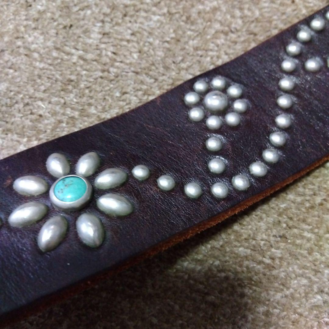 32inch HTC ターコイズ フラワー レザー スタッズベルト ブラウン