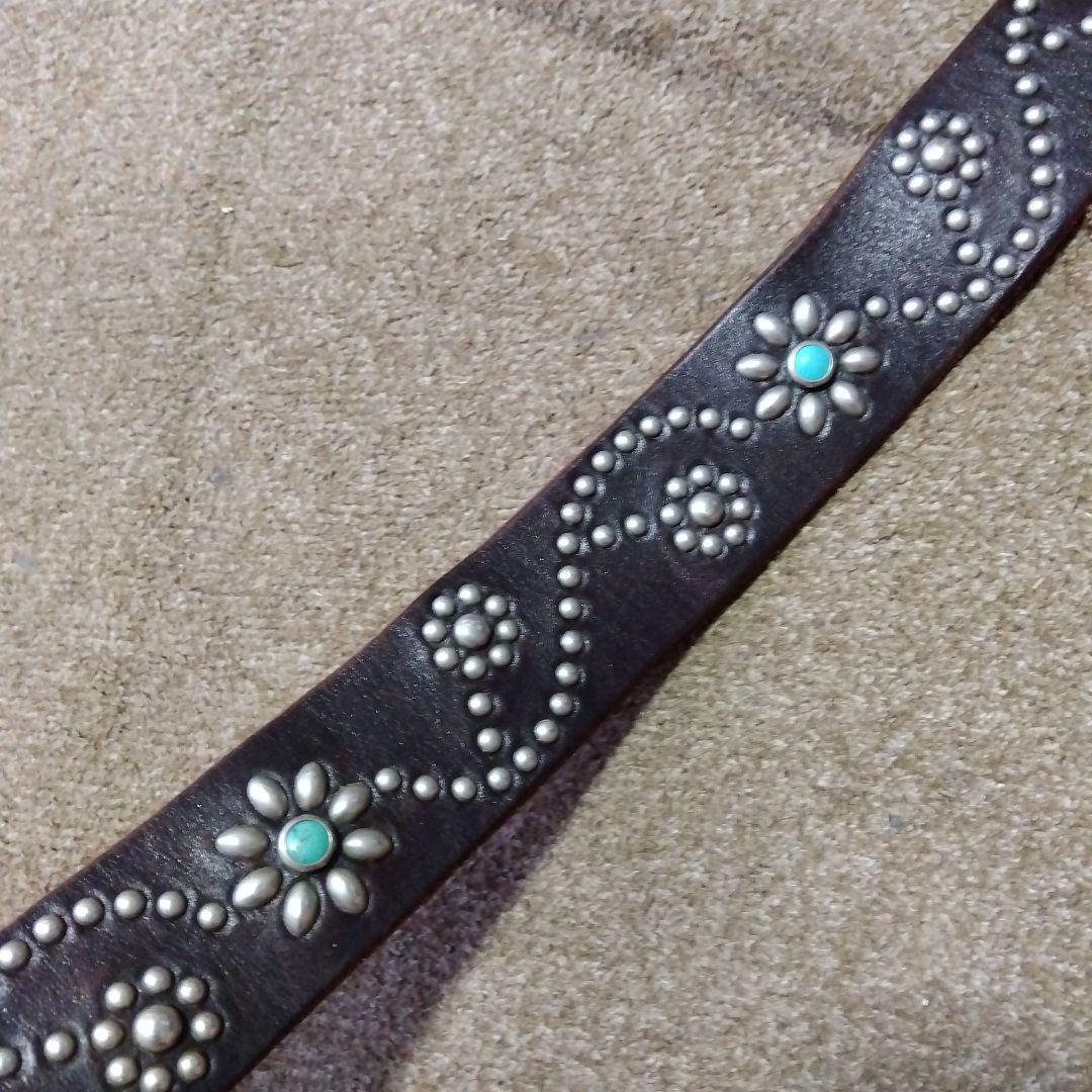 32inch HTC ターコイズ フラワー レザー スタッズベルト ブラウン