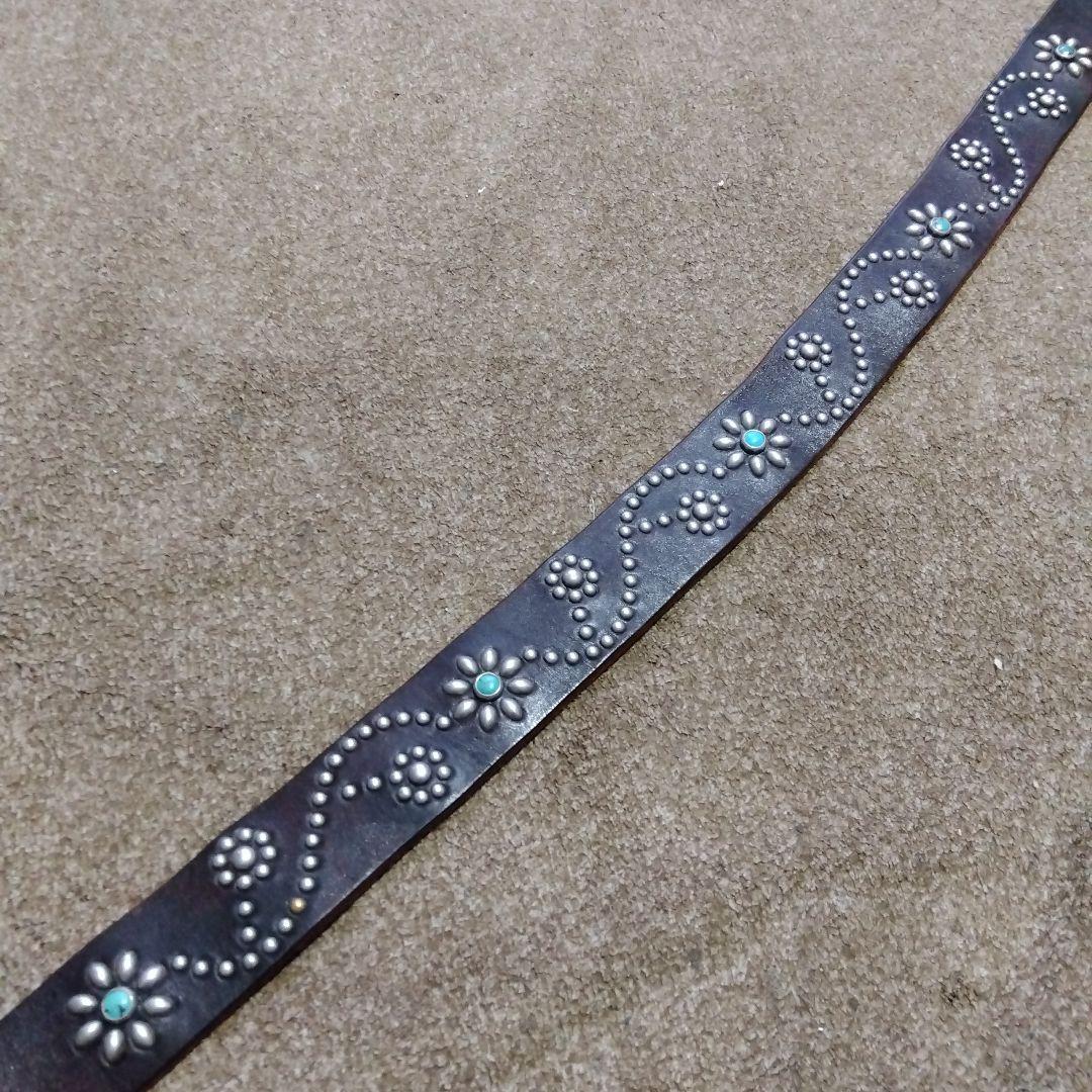 32inch HTC ターコイズ フラワー レザー スタッズベルト ブラウン